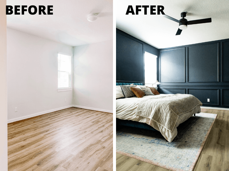 before and after DIY picture olding in master bedroom
