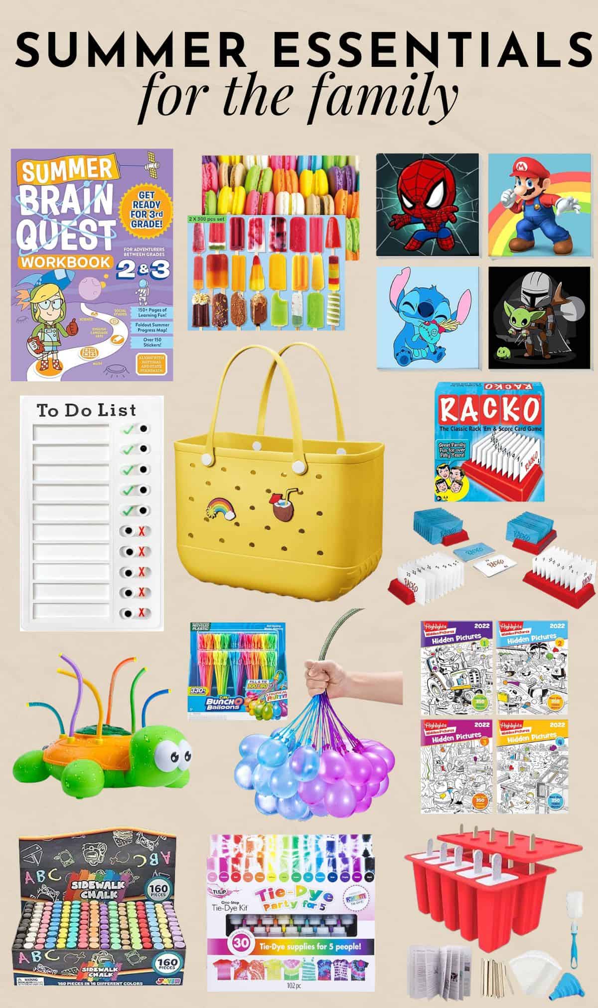 collage of summer essentials for kids and families