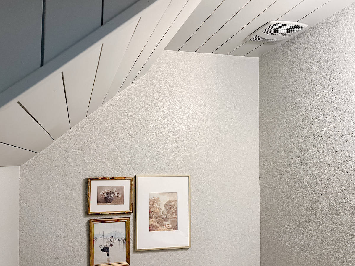 shiplap ceiling in a powder room 