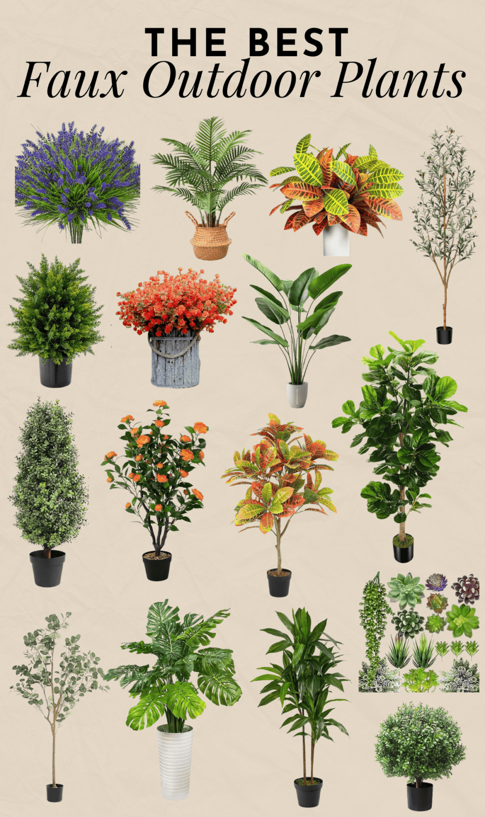 collage of faux plants for the backyard