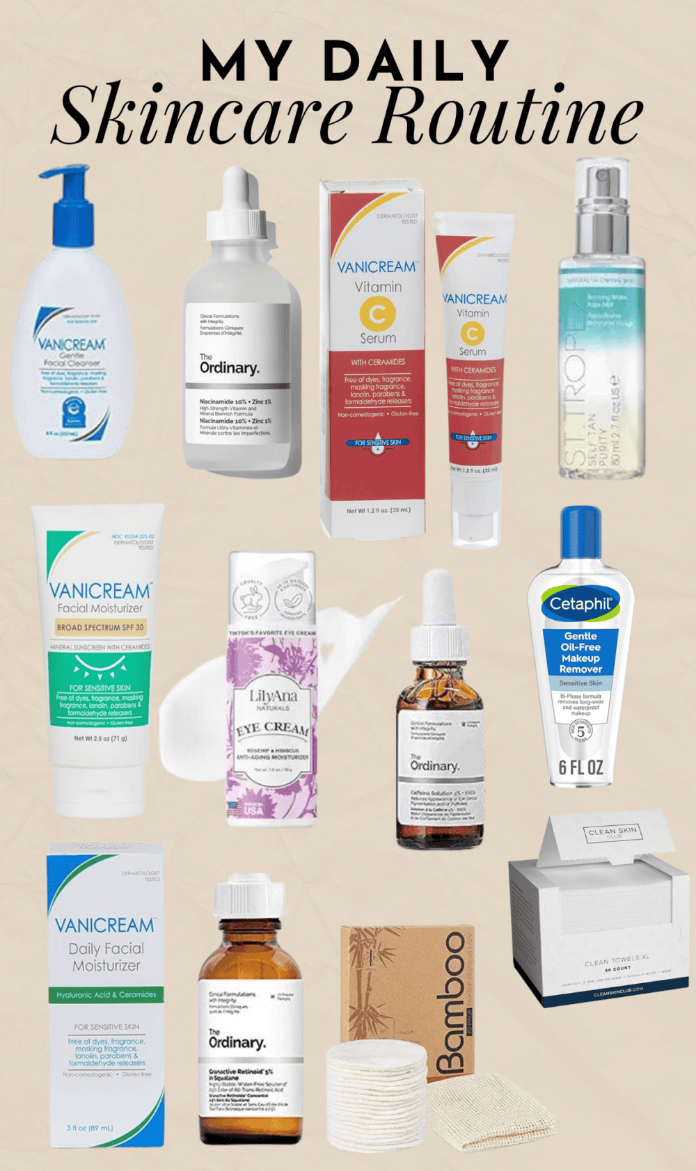 collage of skincare products with text overlay "my daily skincare routine"
