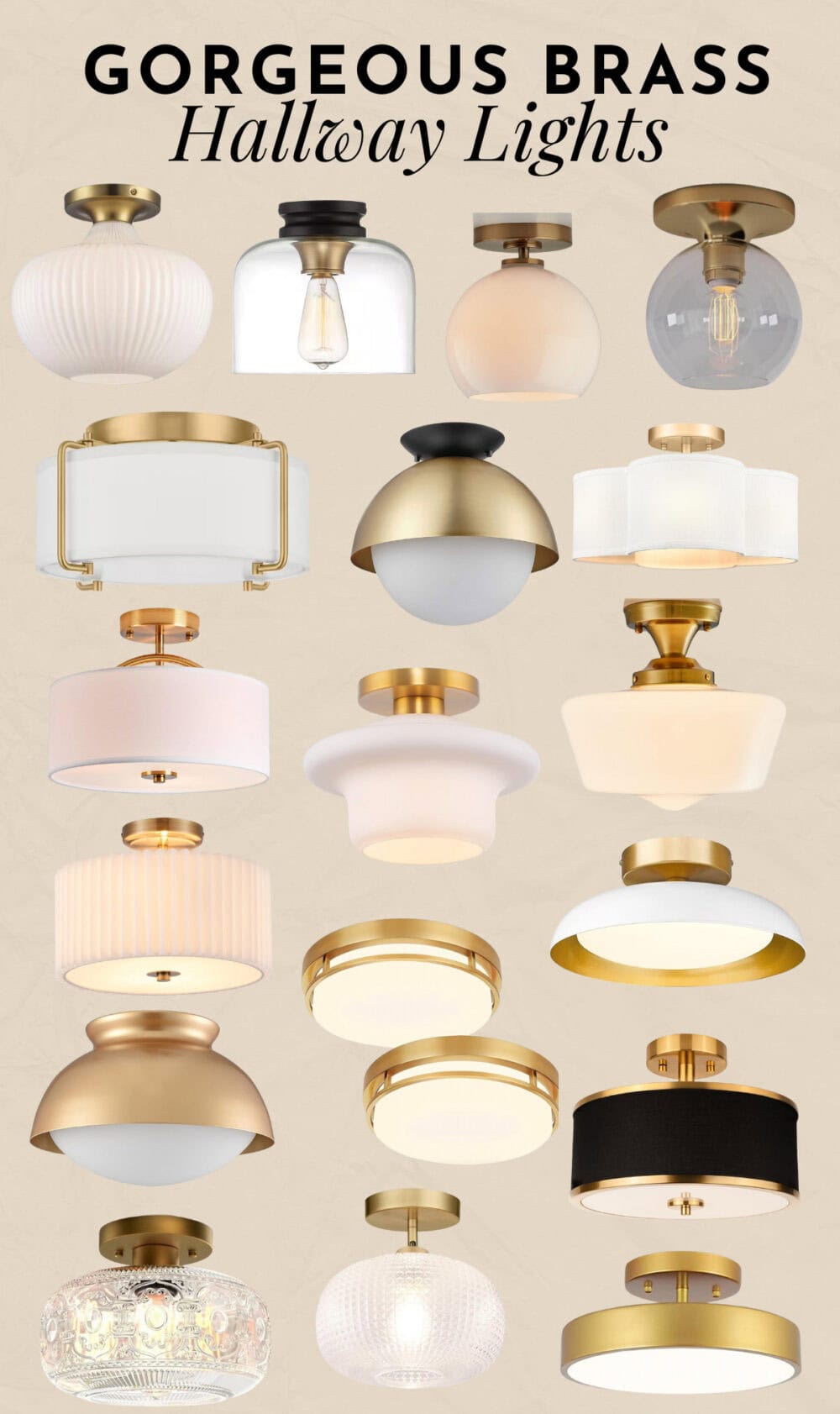 a collage of brass flush mount lights and semi flush mount lights 