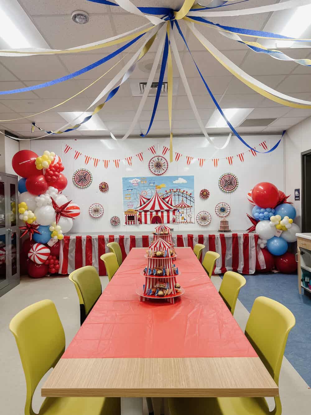 teacher lounge decorated for circus themed teacher appreciation week