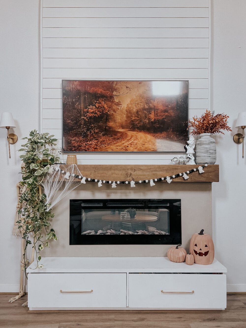 living room fireplace decorated for halloween