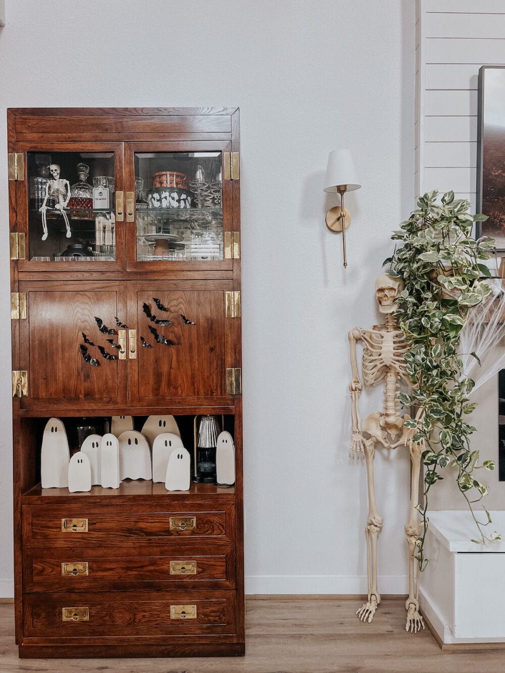 living room bar cabinet decorated for halloween