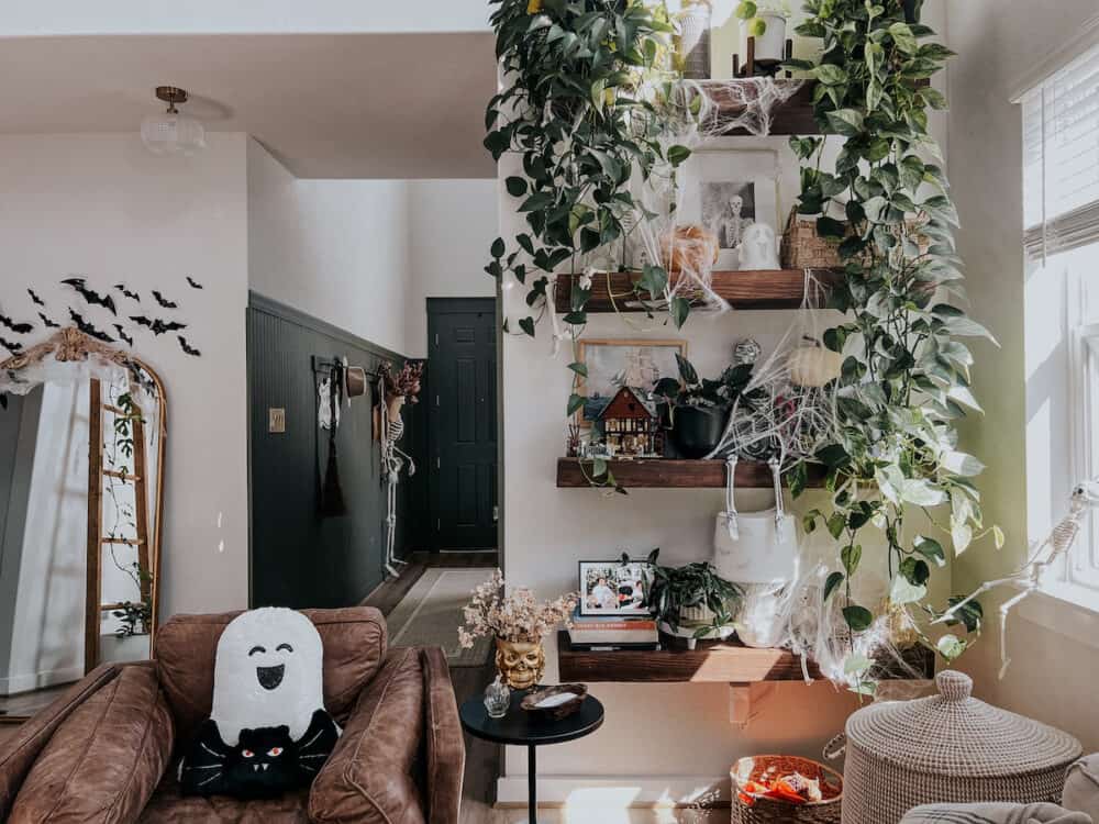 a living room decorated for Halloween