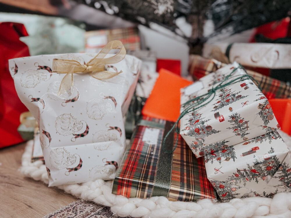 a close up of a DIY gift bag made out of wrapping paper